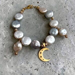 Freshwater Baroque Coin pearl bracelet with gold moon pendant and lava stones